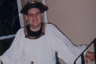 Young Caucasian man dressed as a strange pirate, Halloween 1998.\nImage has been 'clothified'\n