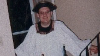 Young Caucasian man dressed as a strange pirate, Halloween 1998.\nImage has been 'clothified'\n